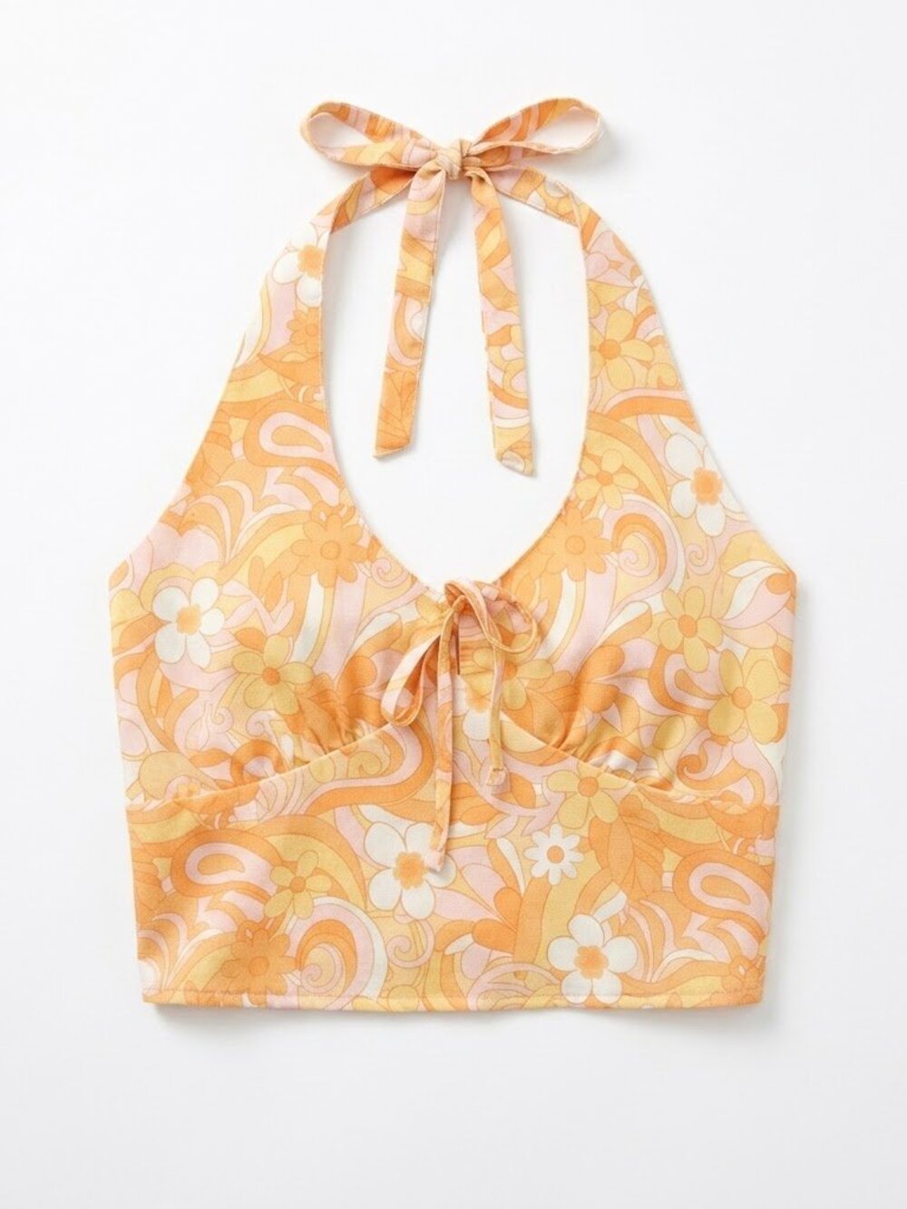 Y2K Hollister Floral Halter Top 70s Boho V-Neck Tie Front Crop Large